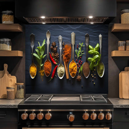 Kitchen stove with spice-laden spoons on a dark backsplash