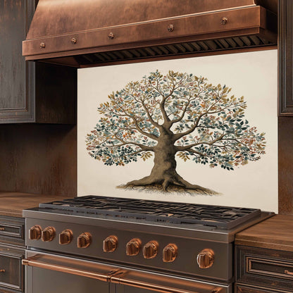 Stainless steel stove with copper accents and a decorative tree backsplash on the wall.
