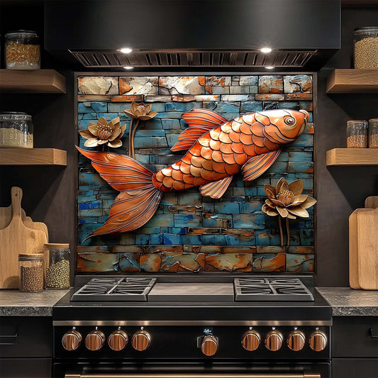 Kitchen stove with a decorative glass backsplash featuring a fish and lotus flowers.