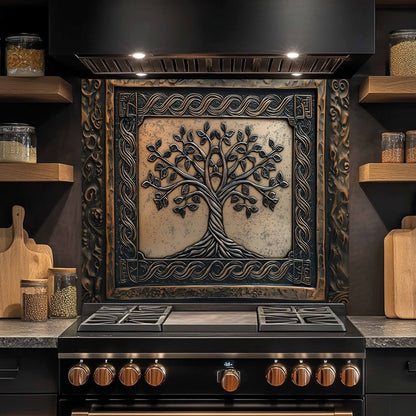 Decorative stove with tree design in a kitchen setting