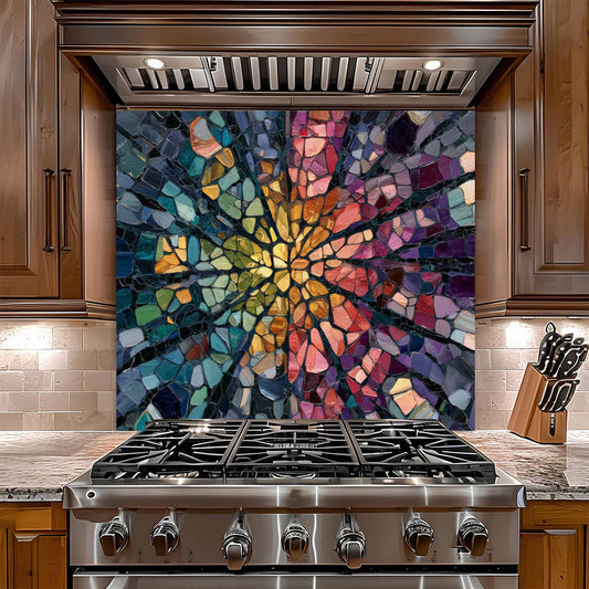 Stainless steel gas stove with a colorful mosaic glass backsplash in a kitchen setting.
