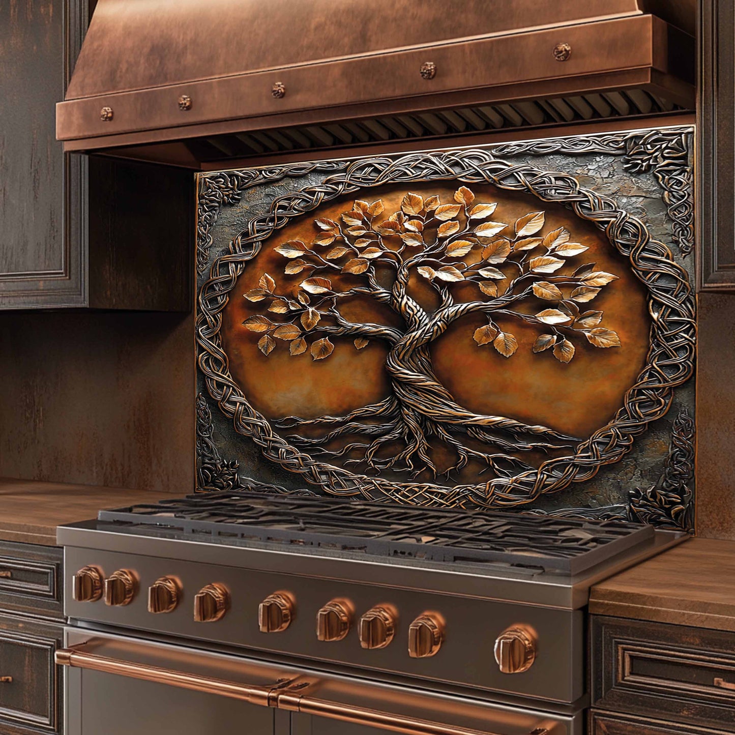Decorative stove backsplash with a tree of life design on the front