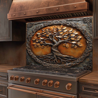 Decorative stove backsplash with a tree of life design on the front