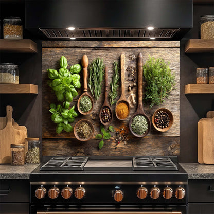 Kitchen stove with wooden spoons holding various herbs and spices on a rustic glass backsplash.