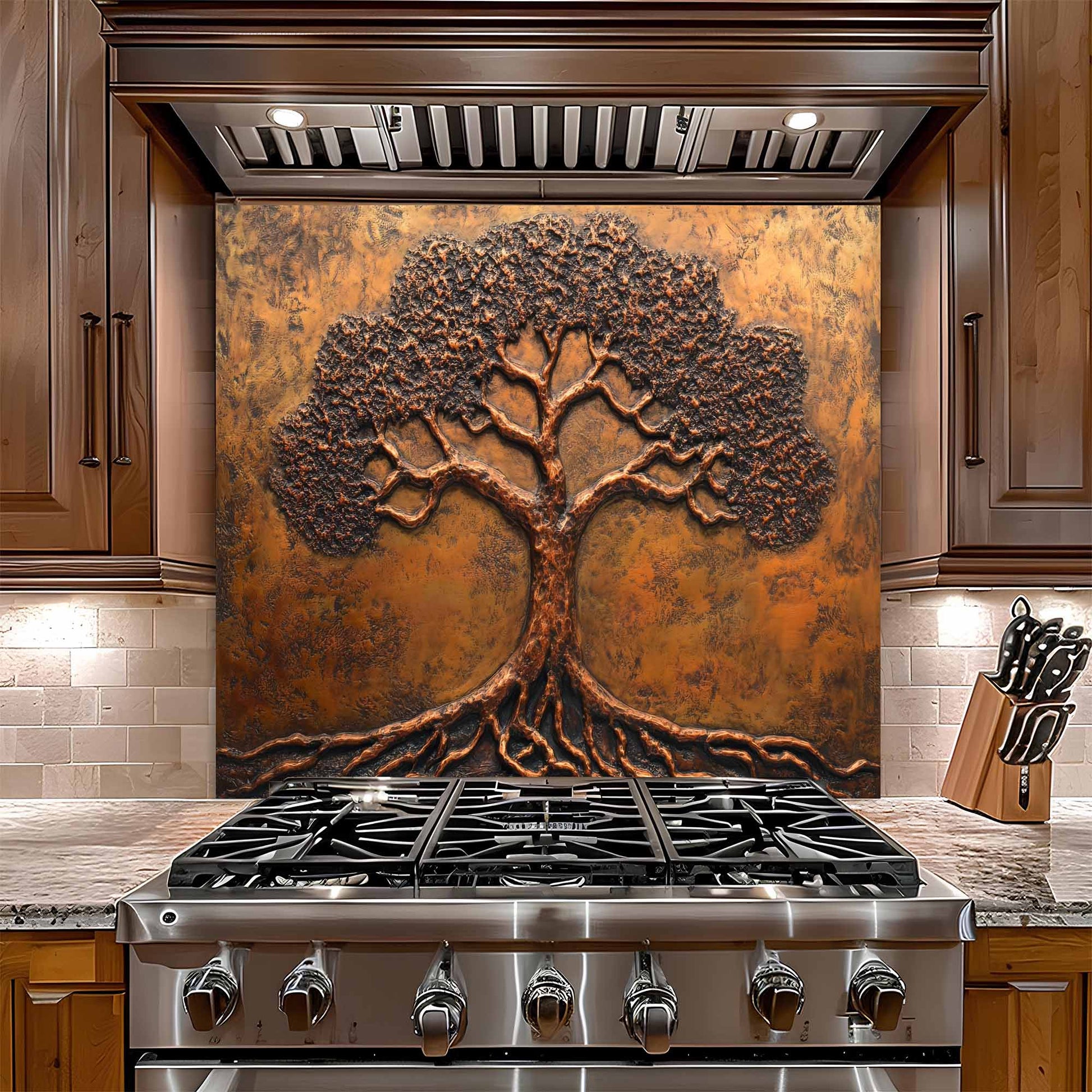 Stainless steel gas stove with decorative copper tree glass backsplash in a kitchen setting