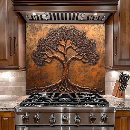 Stainless steel gas stove with decorative copper tree glass backsplash in a kitchen setting