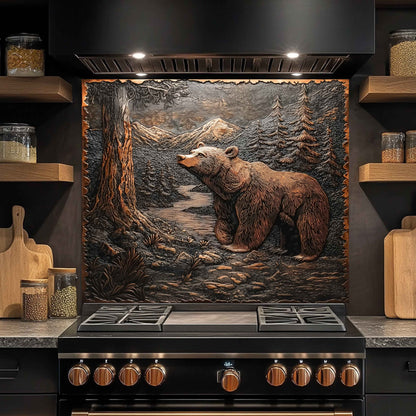 Stainless steel stove with bear back splash on a mountain scene in a kitchen setting
