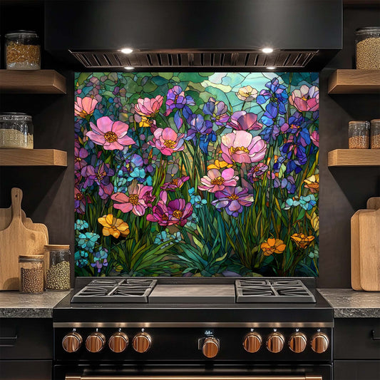 Stylized floral glass backsplash on a kitchen wall above a stove
