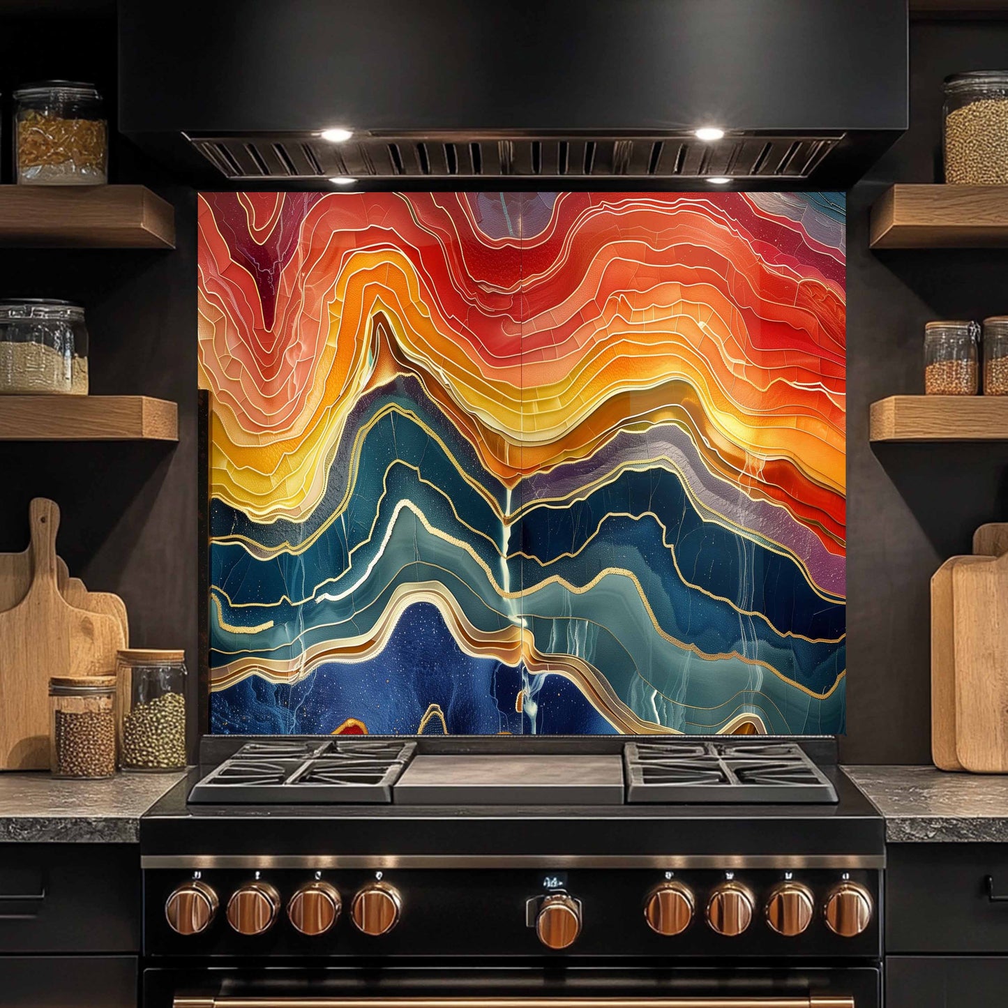 Colorful abstract design on a kitchen backsplash with a stove in the foreground.