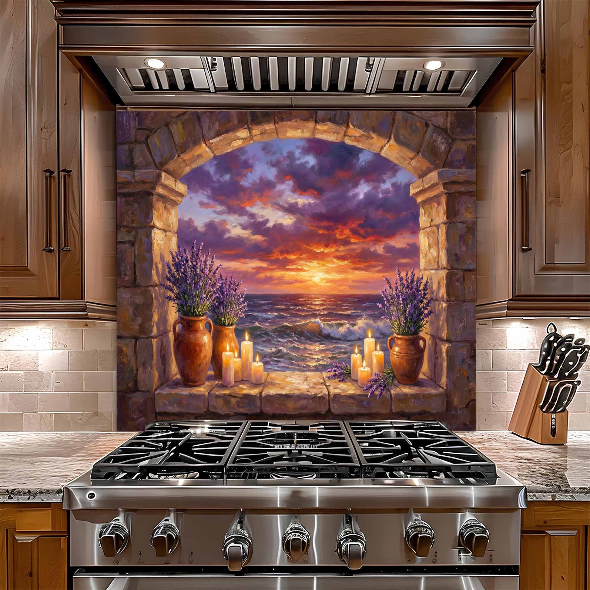 Stainless steel gas stove with decorative glass backsplash featuring a sunset over water scene.