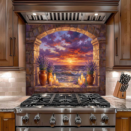 Stainless steel gas stove with decorative glass backsplash featuring a sunset over water scene.