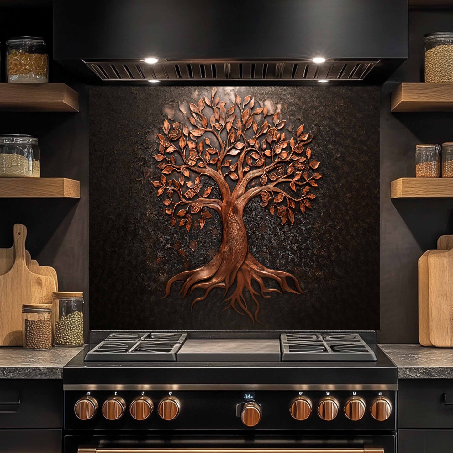 Kitchen stove with decorative copper tree on a black backsplash