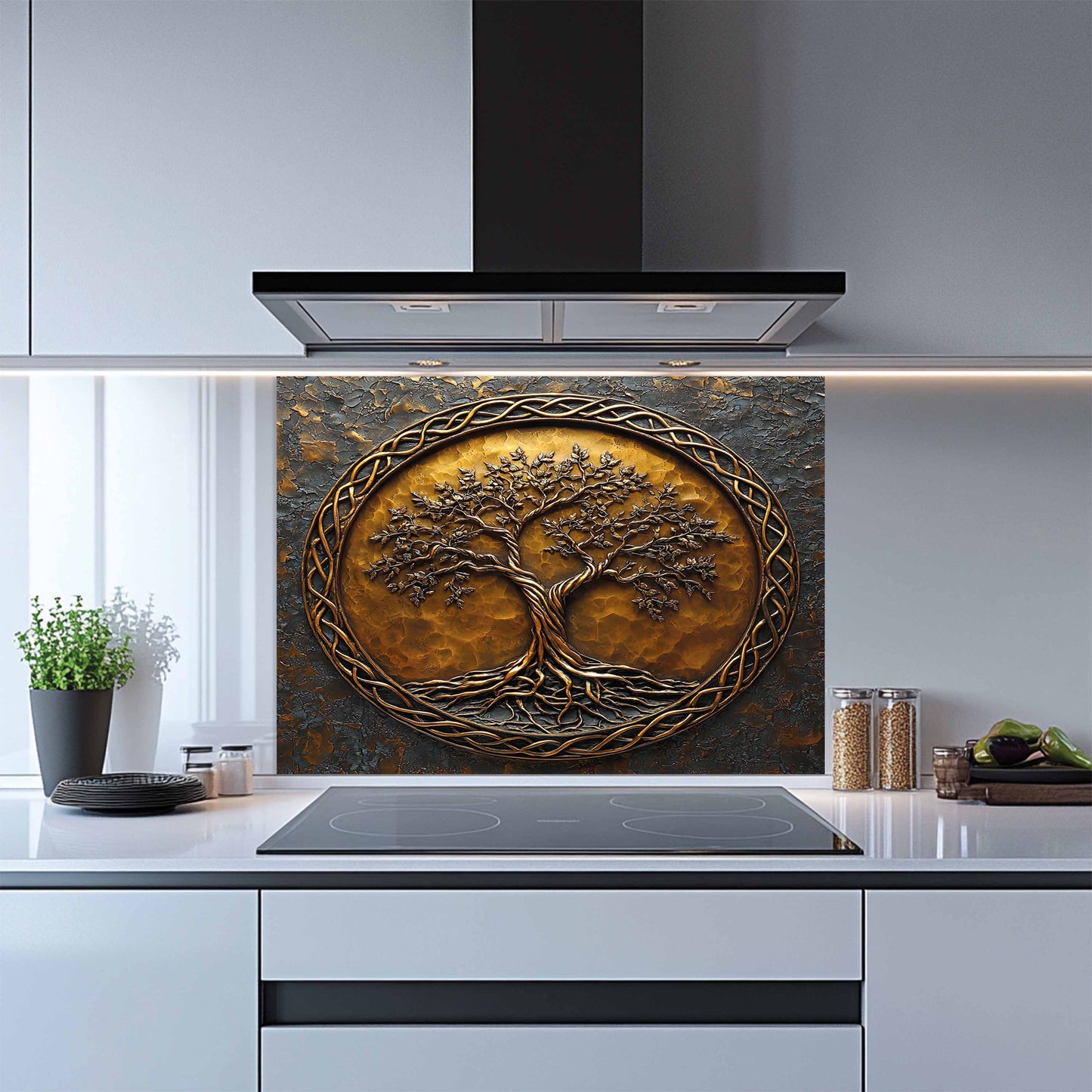 Decorative glass splashback with tree design in a modern kitchen.
