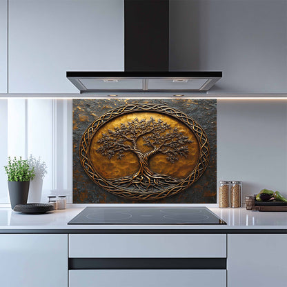 Decorative glass splashback with tree design in a modern kitchen.