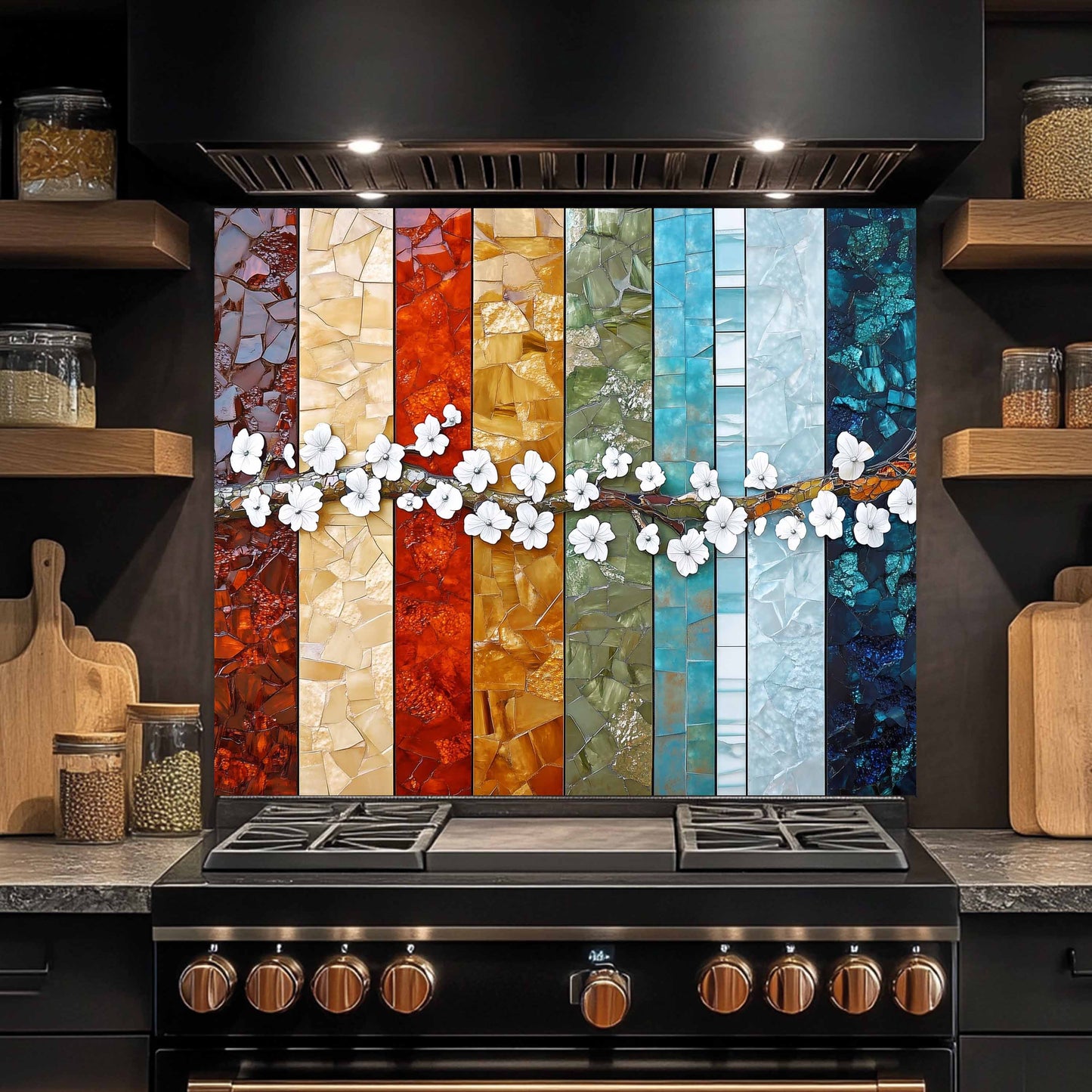 Kitchen stove with colorful mosaic backsplash and wooden shelves.