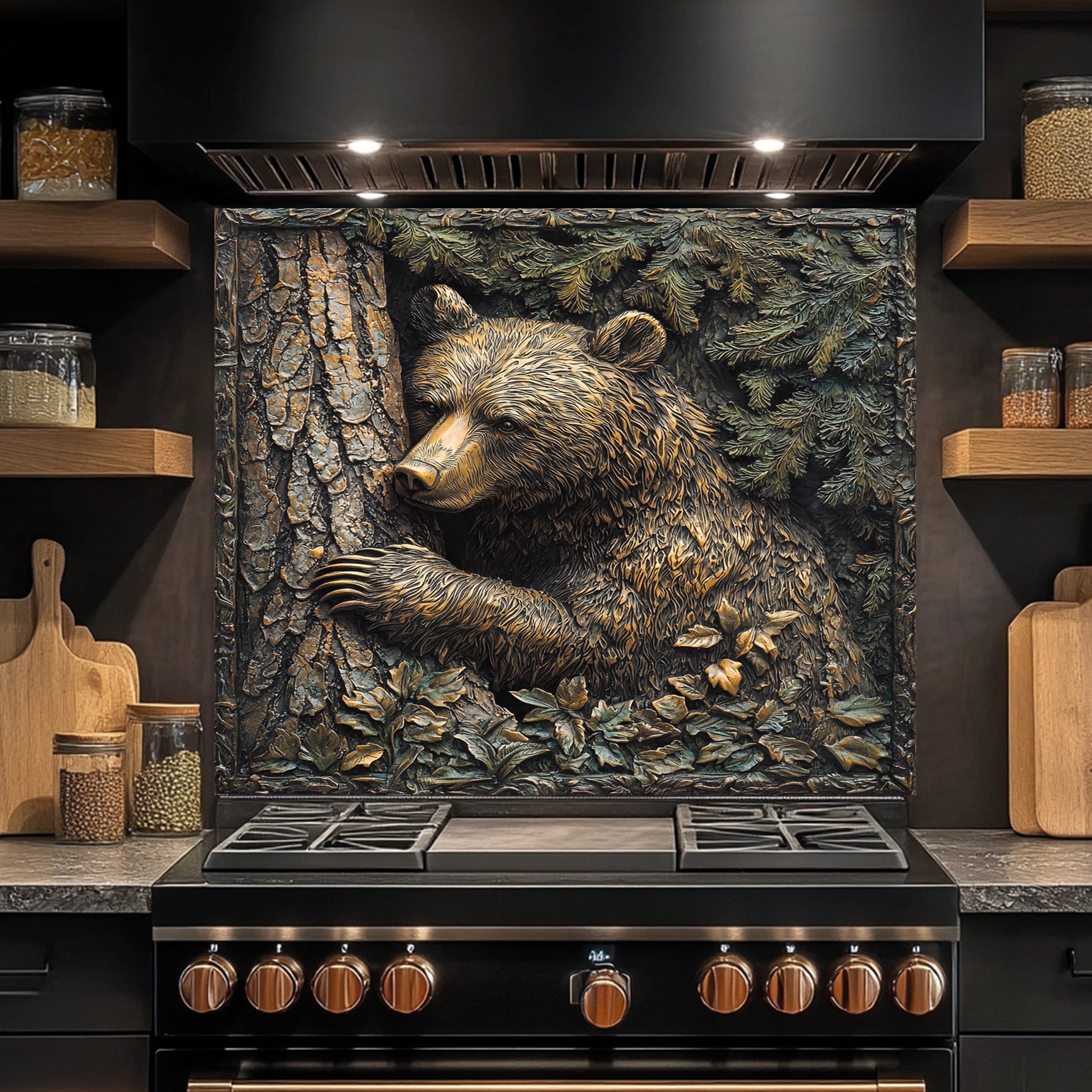 Stainless steel stove with bear design tempered glass backsplash