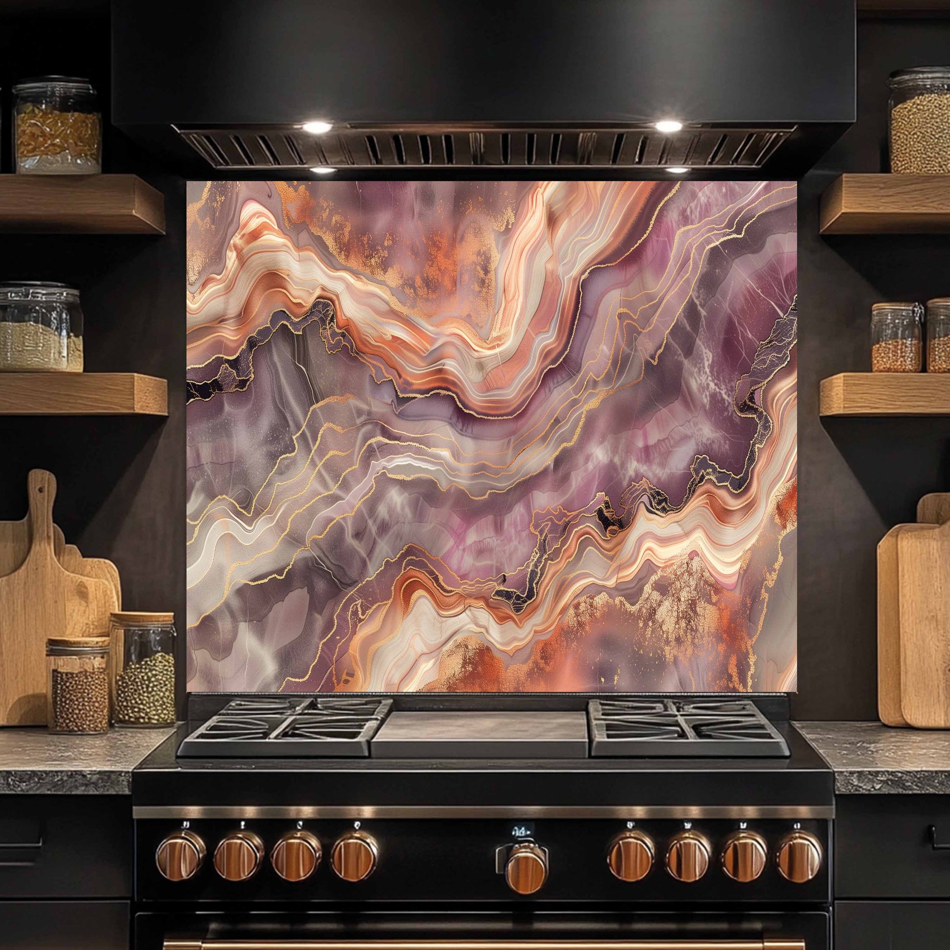 Kitchen stove with a decorative backsplash featuring swirling colors.