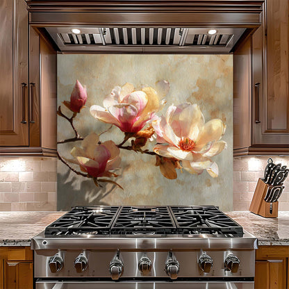 Stainless steel gas stove with floral glass backsplash in a kitchen setting