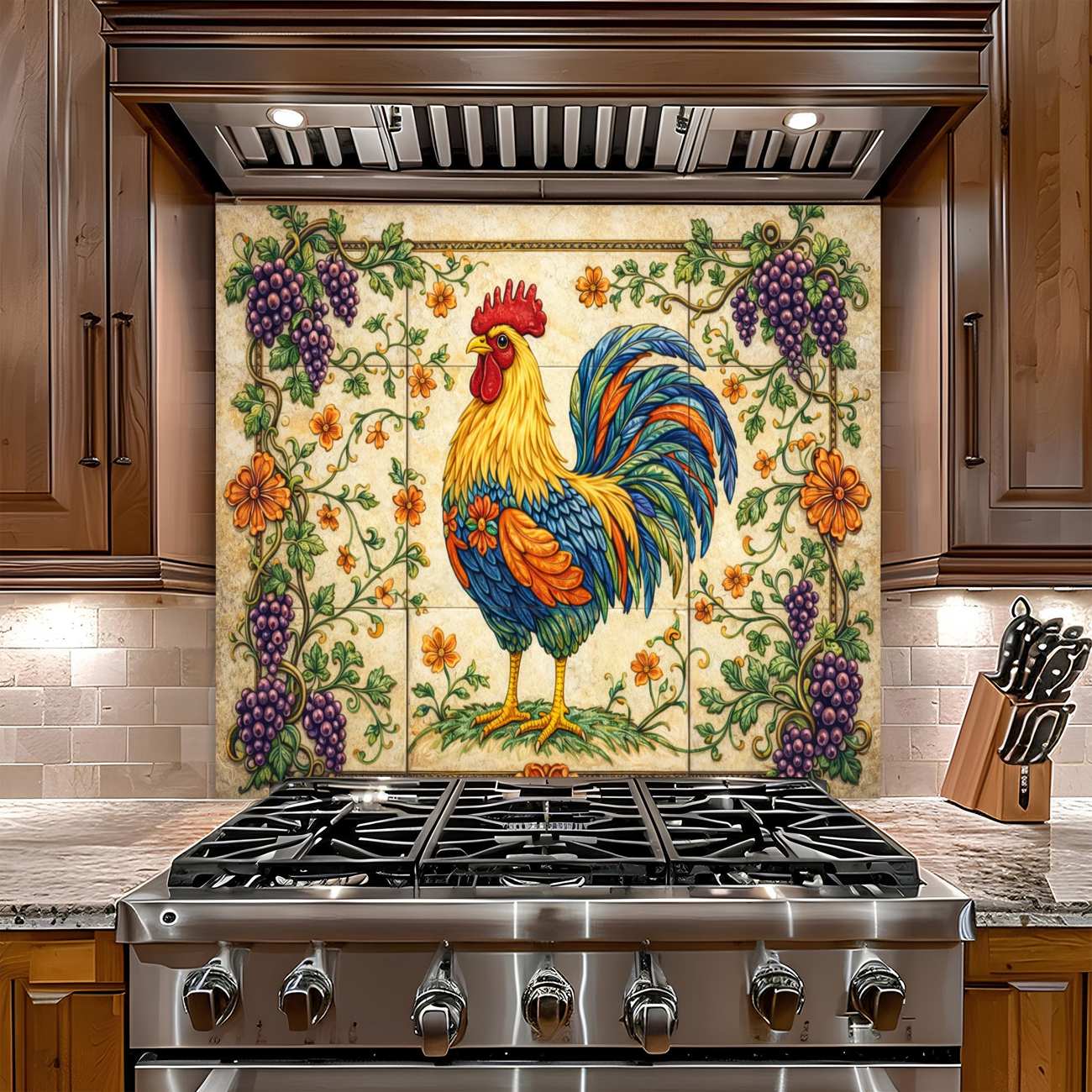 Stainless steel gas stove with decorative backsplash featuring a rooster and grapes in a kitchen setting.