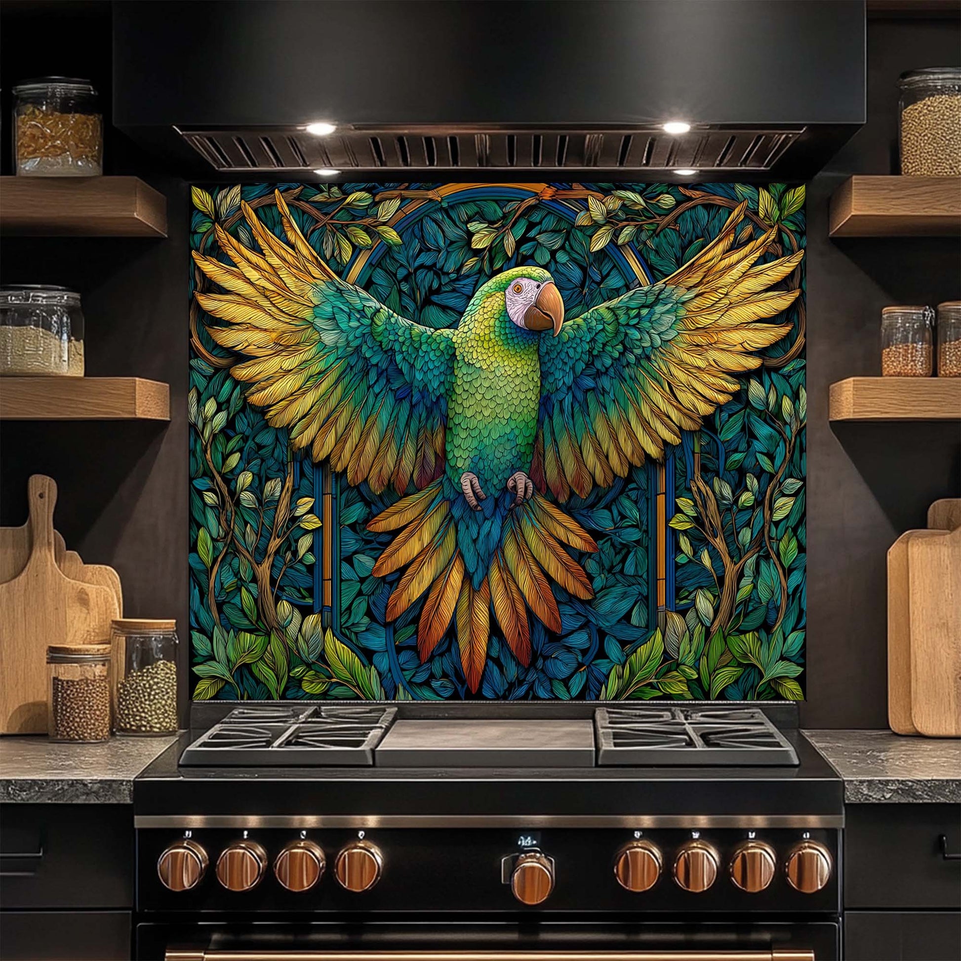 Kitchen stove with a colorful parrot mural on the glass backsplash