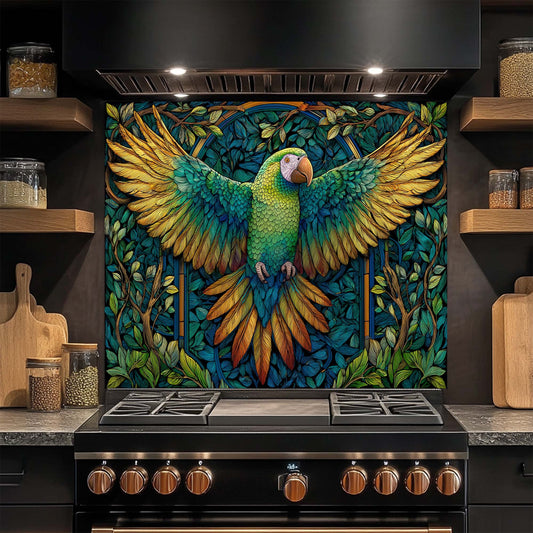 Kitchen stove with a colorful parrot mural on the glass backsplash