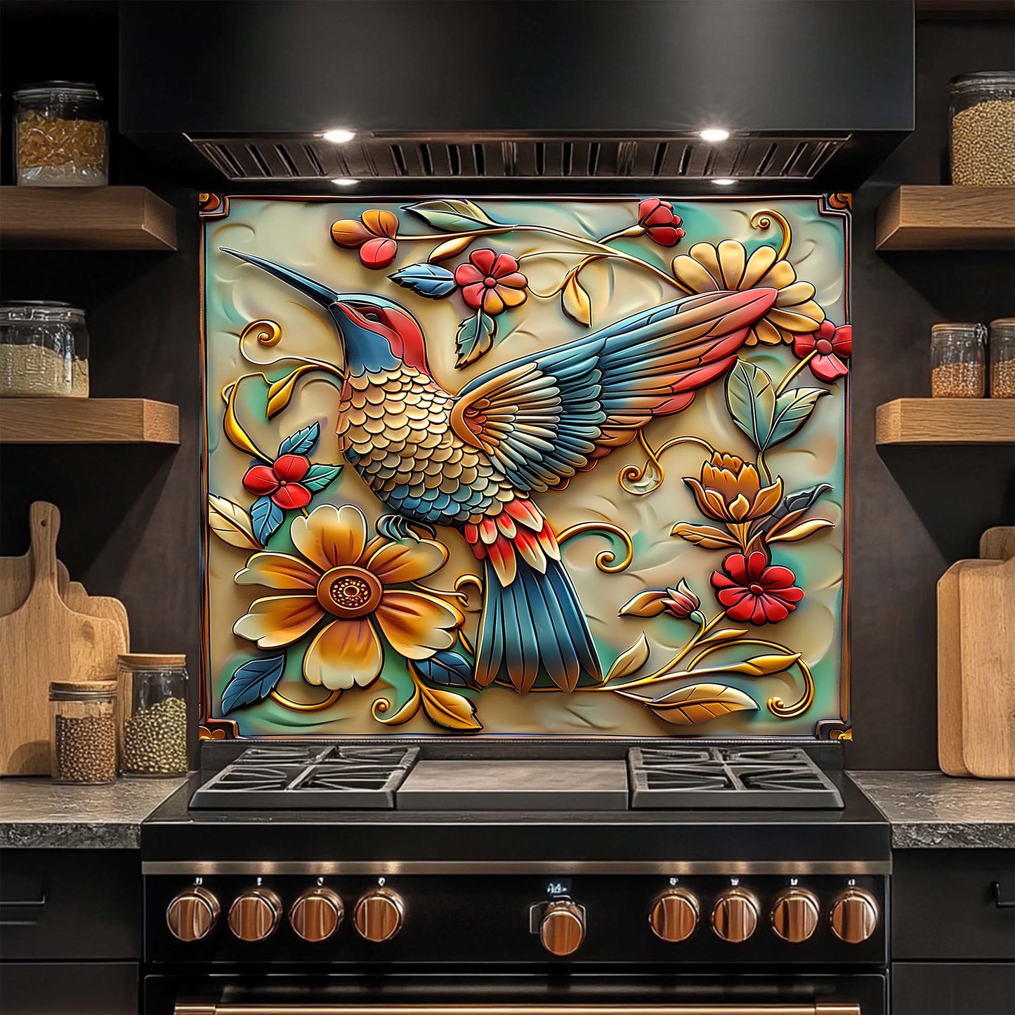 Decorative glass backsplash with a colorful hummingbird and floral design above a stove in a kitchen.