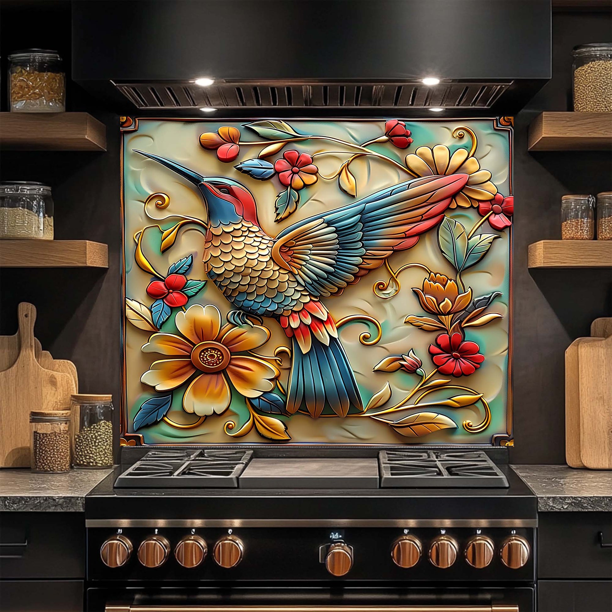 Decorative glass backsplash with a colorful hummingbird and floral design above a stove in a kitchen.