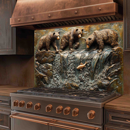 Stainless steel stove with bronze accents featuring a bear family scene on the back splash.