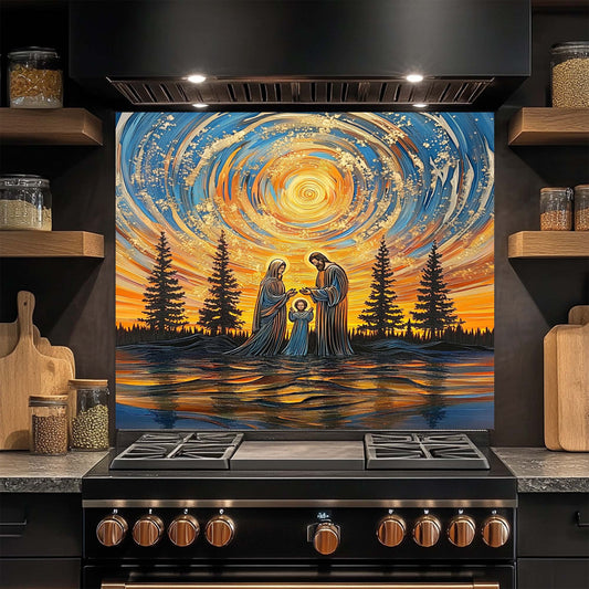 Decorative glass backsplash above a stove with a celestial design and family scene.