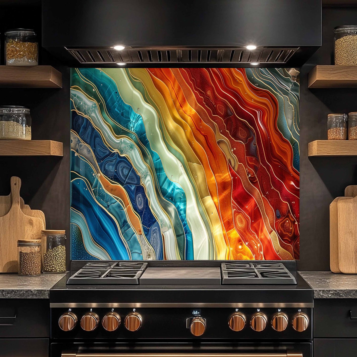 Colorful abstract wall backsplash above a stove in a kitchen