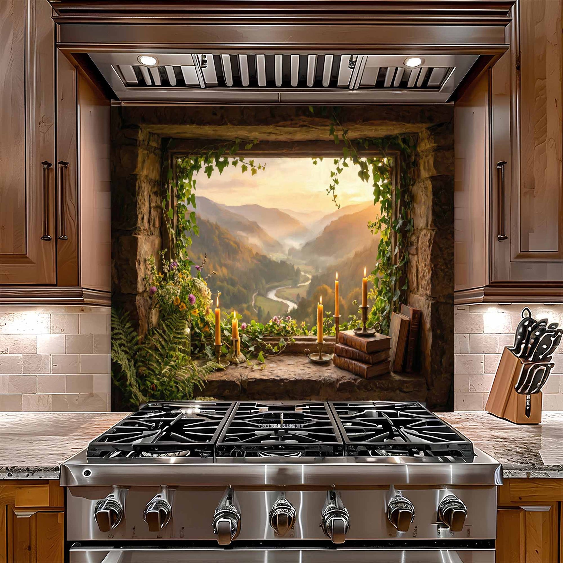 Stainless steel gas stove in a kitchen with a scenic mountain view glass backsplash