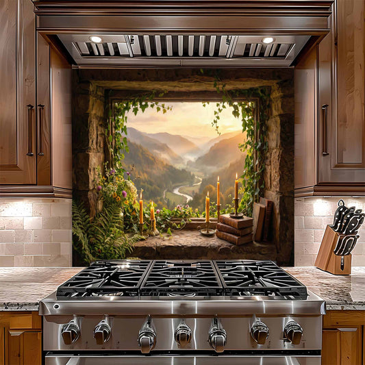 Stainless steel gas stove in a kitchen with a scenic mountain view glass backsplash