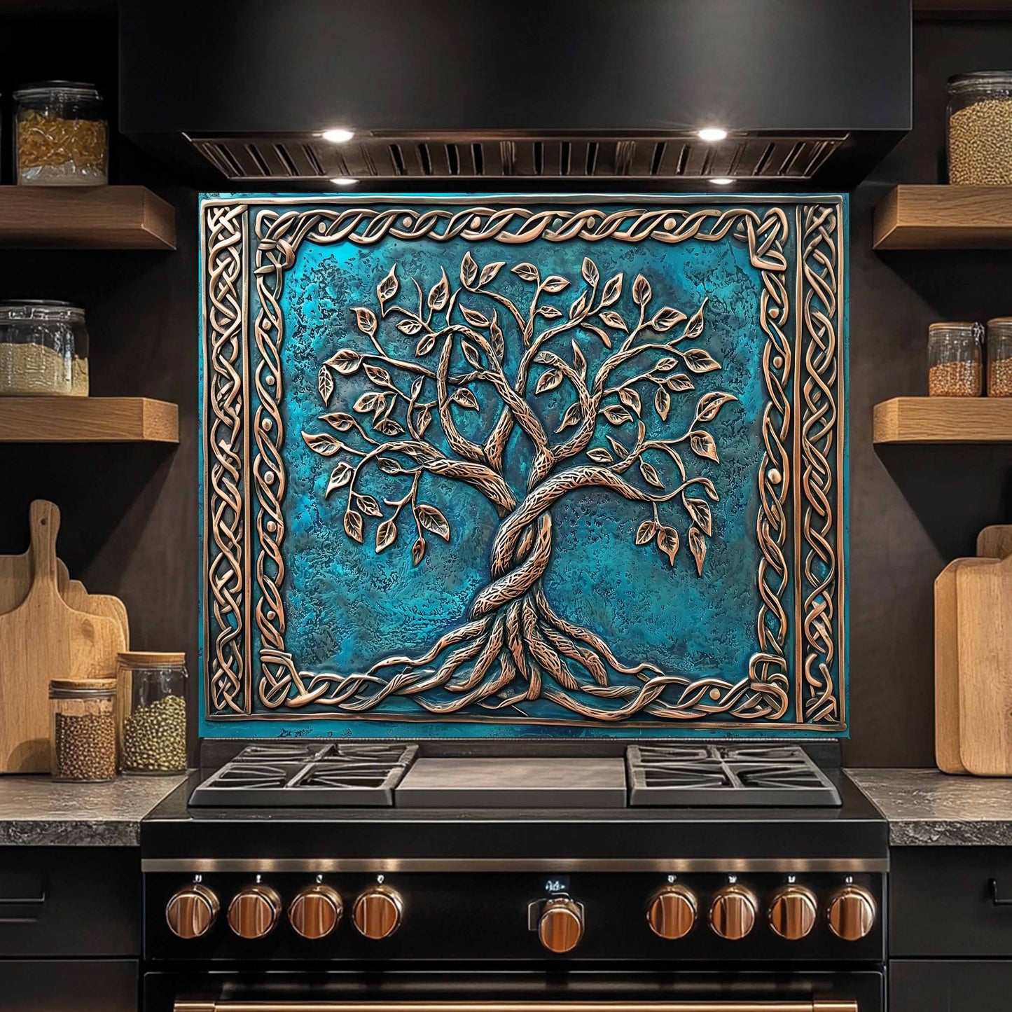 Decorative kitchen backsplash with a tree design above a stove in a kitchen setting.