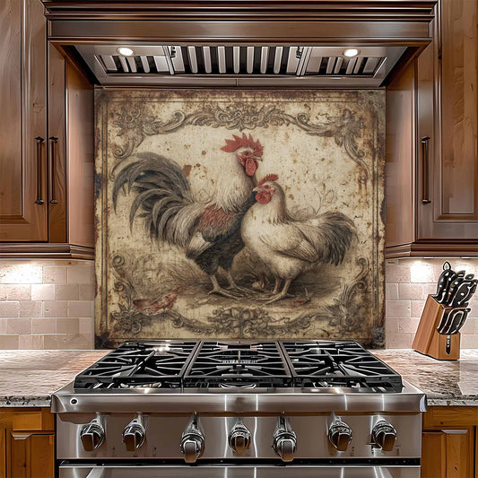 Stainless steel gas stove with decorative rooster glass backsplash in a kitchen setting.