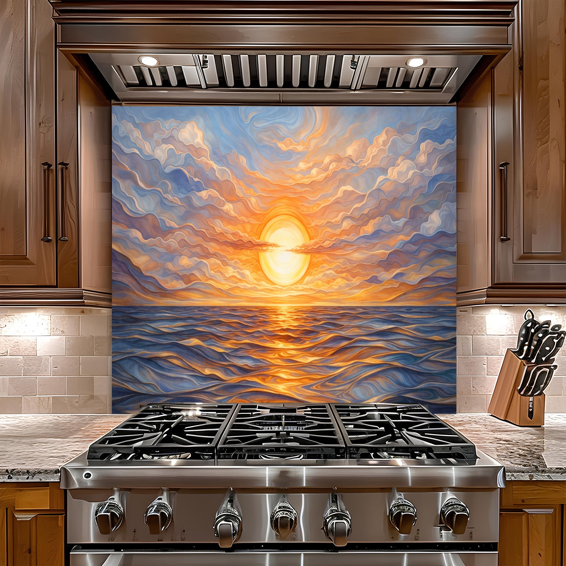 Stainless steel gas stove with a decorative glass backsplash of a sunset over water in a kitchen.