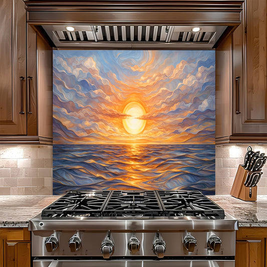 Stainless steel gas stove with a decorative glass backsplash of a sunset over water in a kitchen.