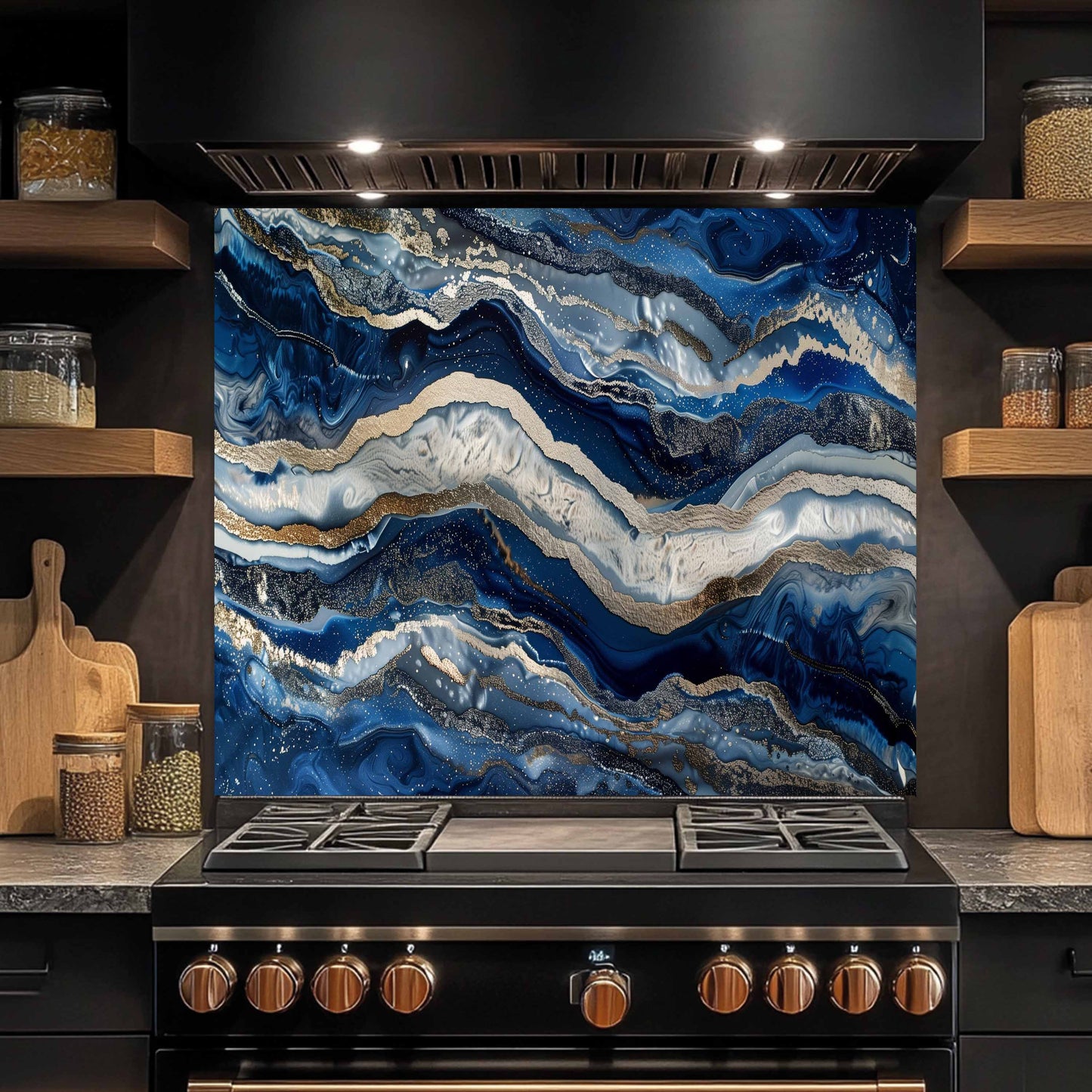 Kitchen stove with a decorative blue and gold backsplash