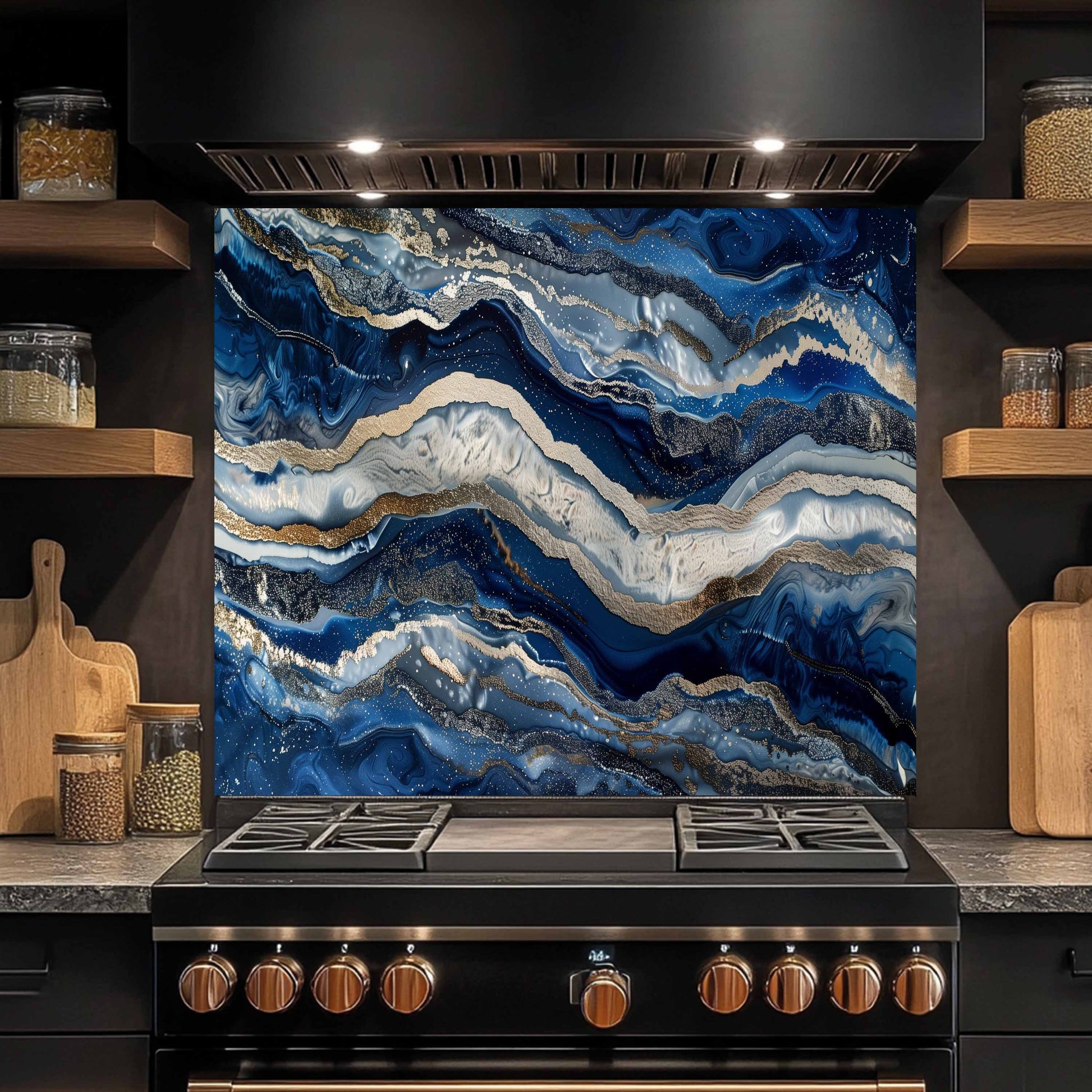 Kitchen stove with a decorative blue and gold backsplash