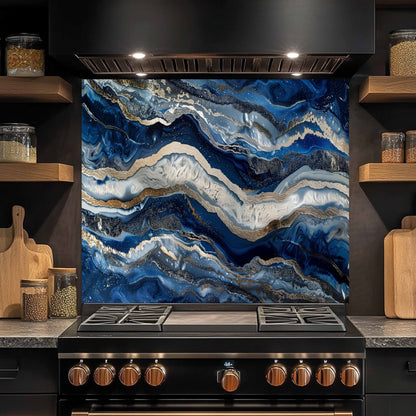 Kitchen stove with a decorative blue and gold backsplash
