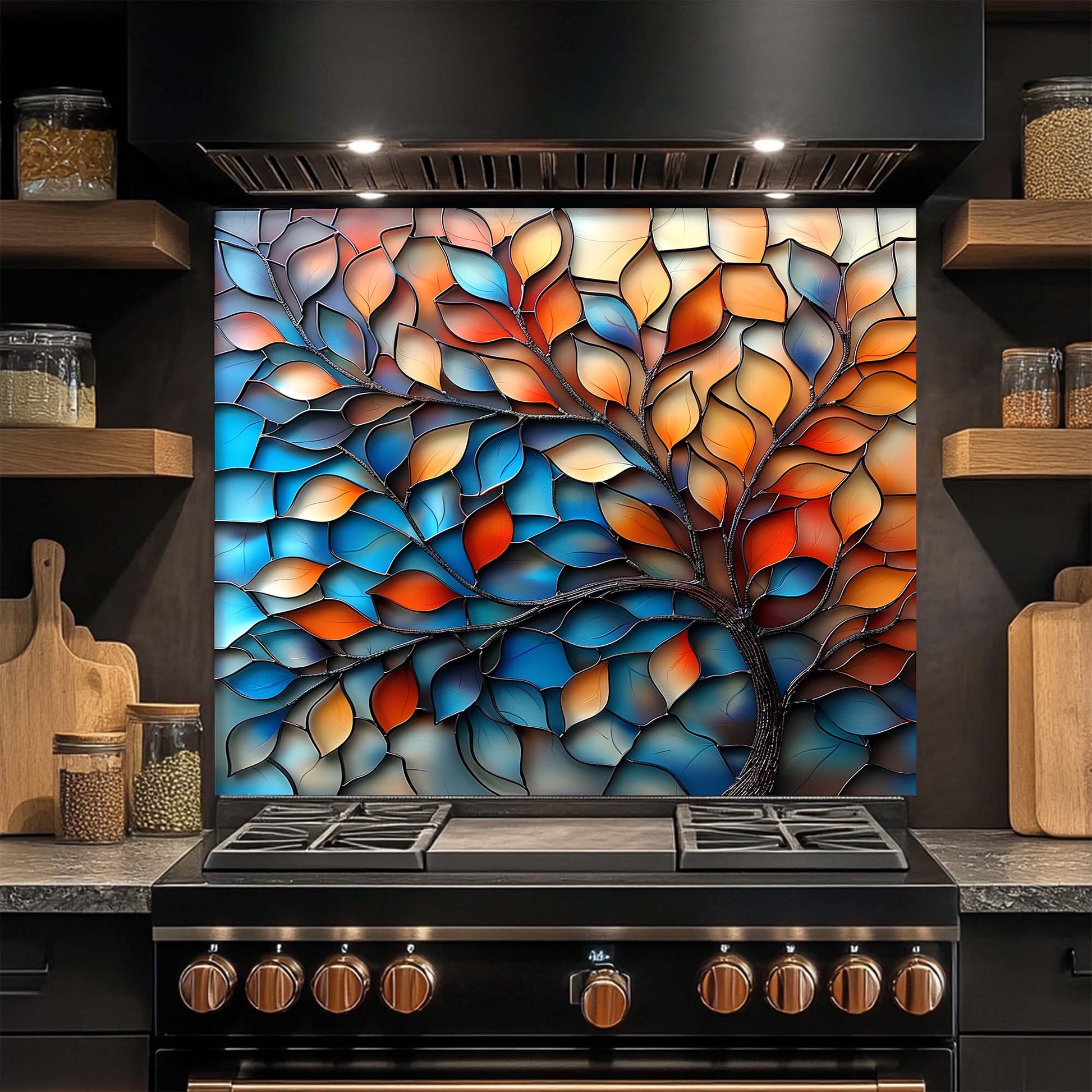 Stylized tree design on a kitchen glass backsplash above a stove.