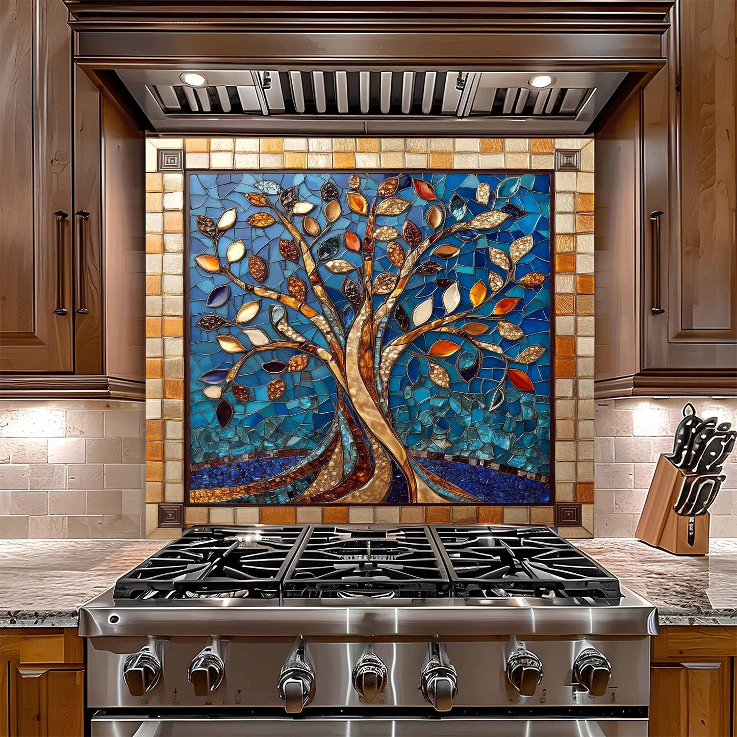 Stainless steel gas stove with a decorative mosaic glass backsplash featuring a tree design.