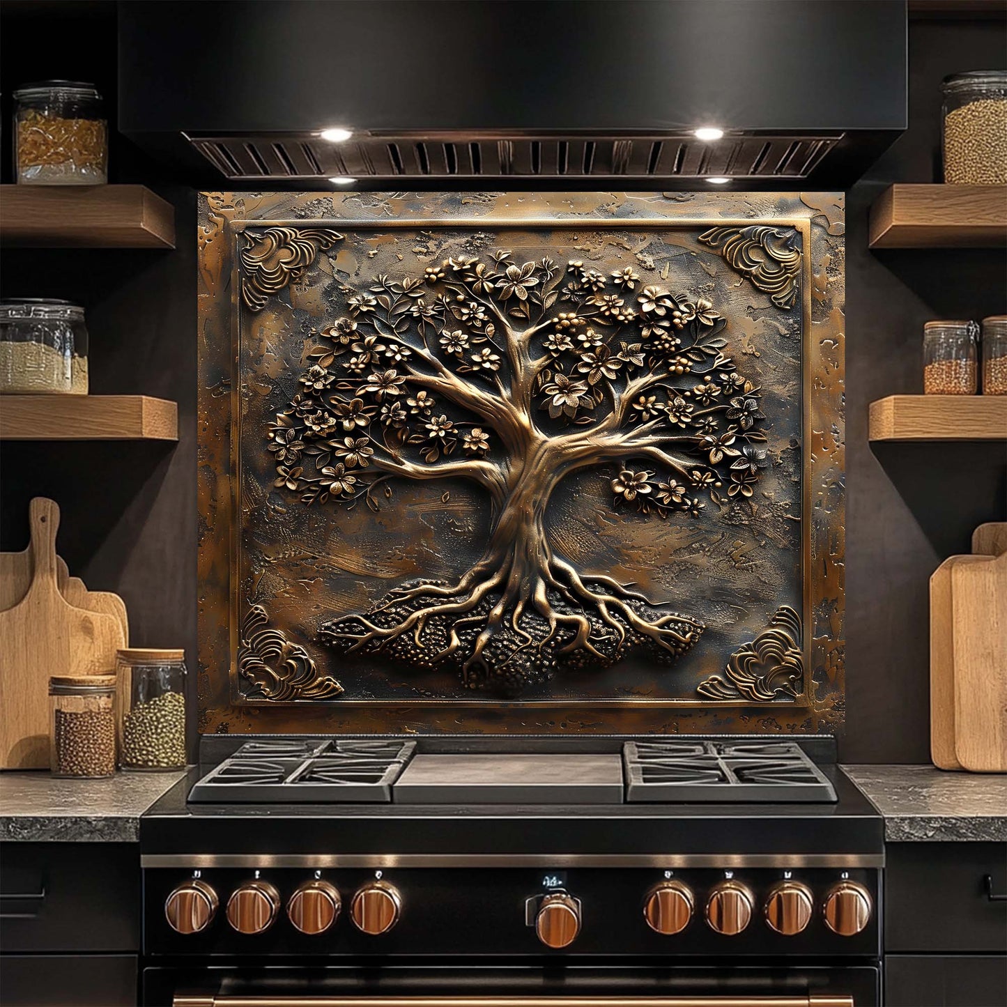 Decorative glass backsplash with tree design above a stove in a kitchen setting.