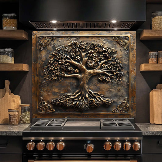 Decorative glass backsplash with tree design above a stove in a kitchen setting.