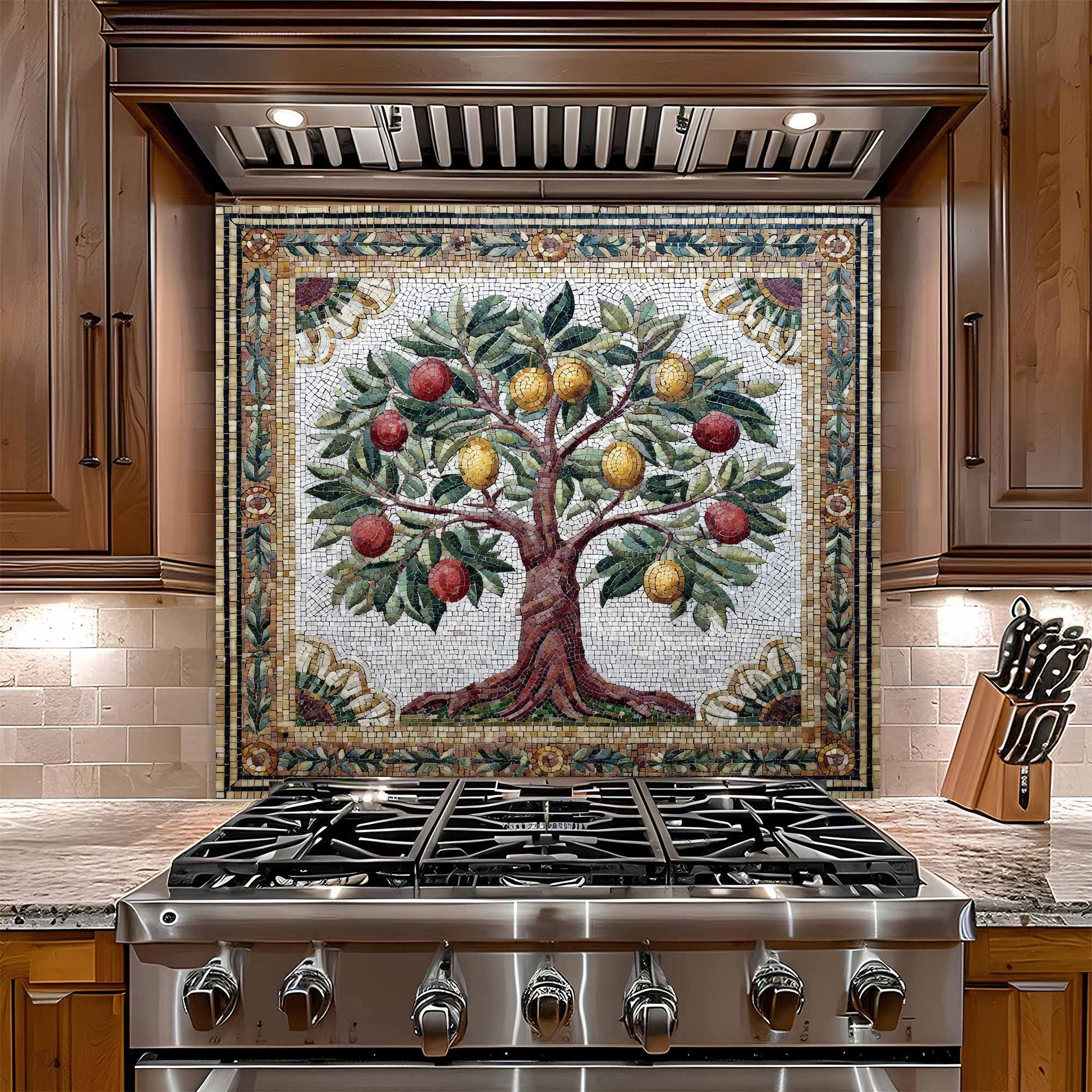 Stainless steel gas stove with decorative mosaic glass backsplash featuring a tree of life design.