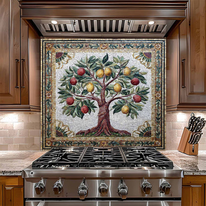Stainless steel gas stove with decorative mosaic glass backsplash featuring a tree of life design.