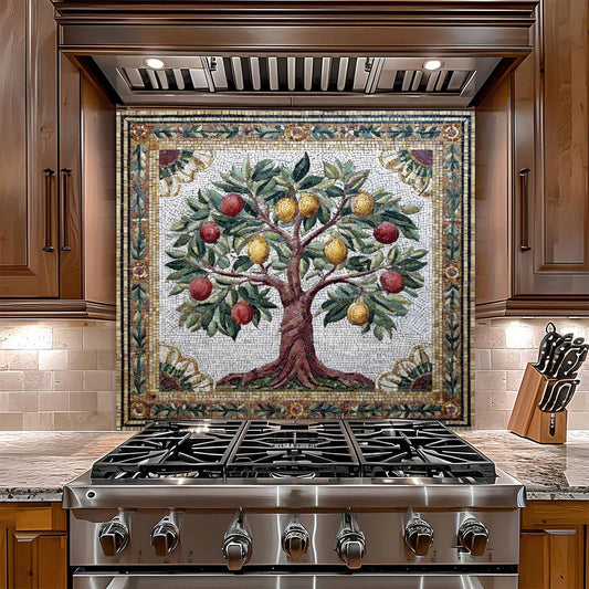 Stainless steel gas stove with decorative mosaic glass backsplash featuring a tree of life design.