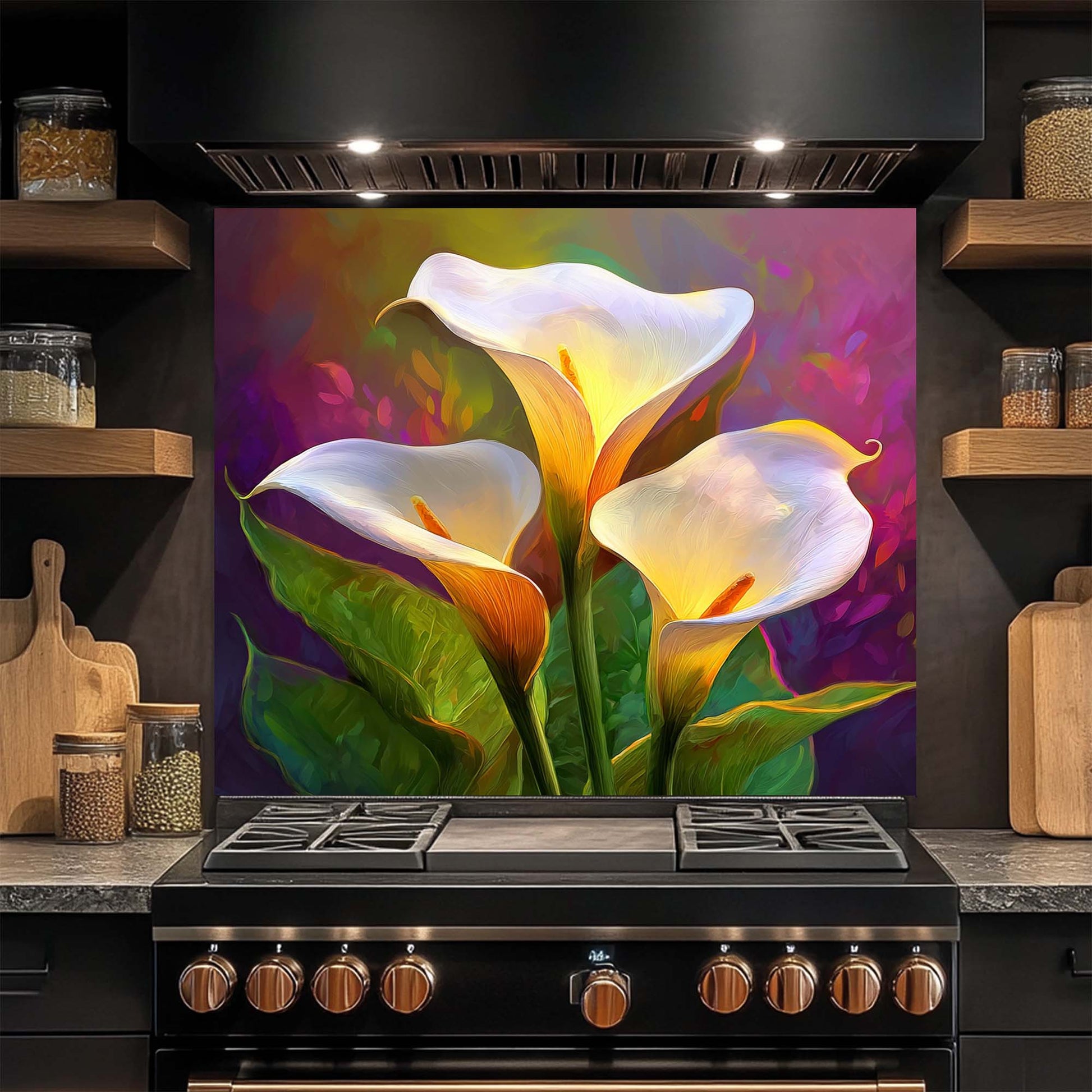 Kitchen stove with a colorful floral painting on the glass backsplash