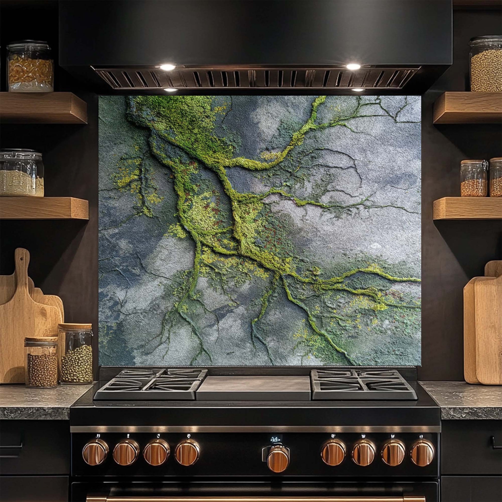 Kitchen stove with a decorative glass backsplash featuring a natural landscape design.