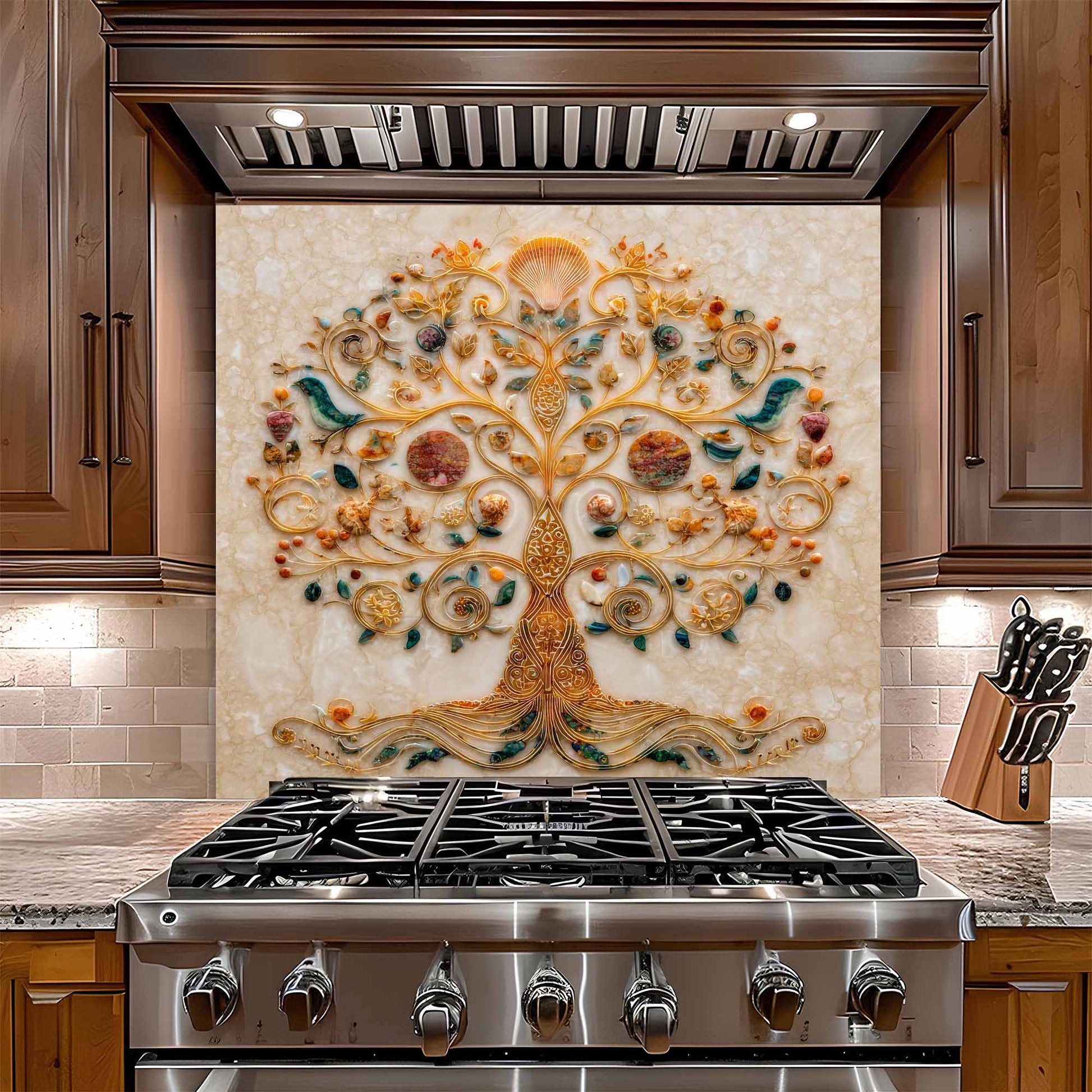Stainless steel gas stove with decorative glass backsplash featuring a tree design in a kitchen setting.