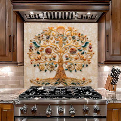 Stainless steel gas stove with decorative glass backsplash featuring a tree design in a kitchen setting.